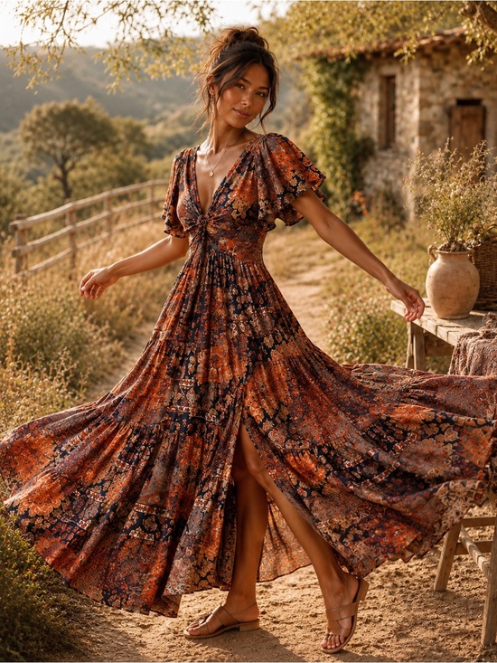 Angie Dresses & Skirts - Angie Bohemian Paisley tiered Rust and Navy Floral Tie-Front Midi/Maxi